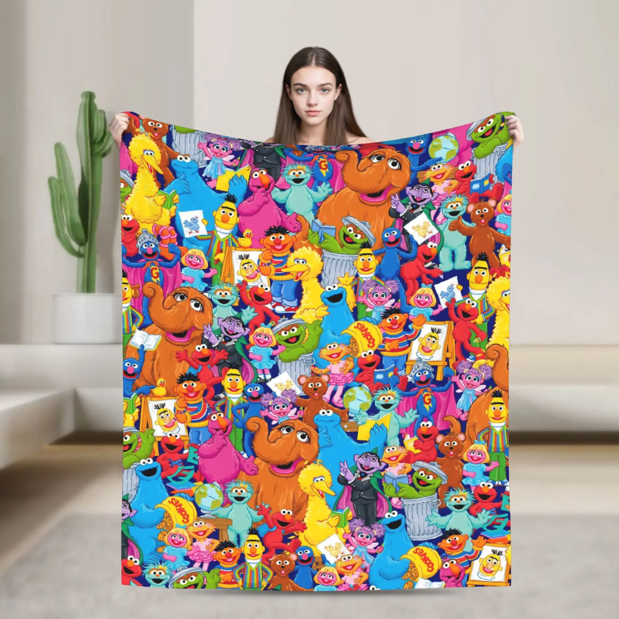 Sesame Street Cartoon Blanket Flannel Spring/Autumn Elmo Friends Breathable Warm Throw Blanket for Sofa Travel Bedspreads