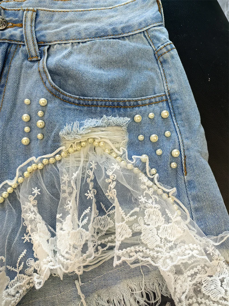 Personality Hole Beaded Spring and Summer Women's High Waist Denim Shorts Stiching Lace