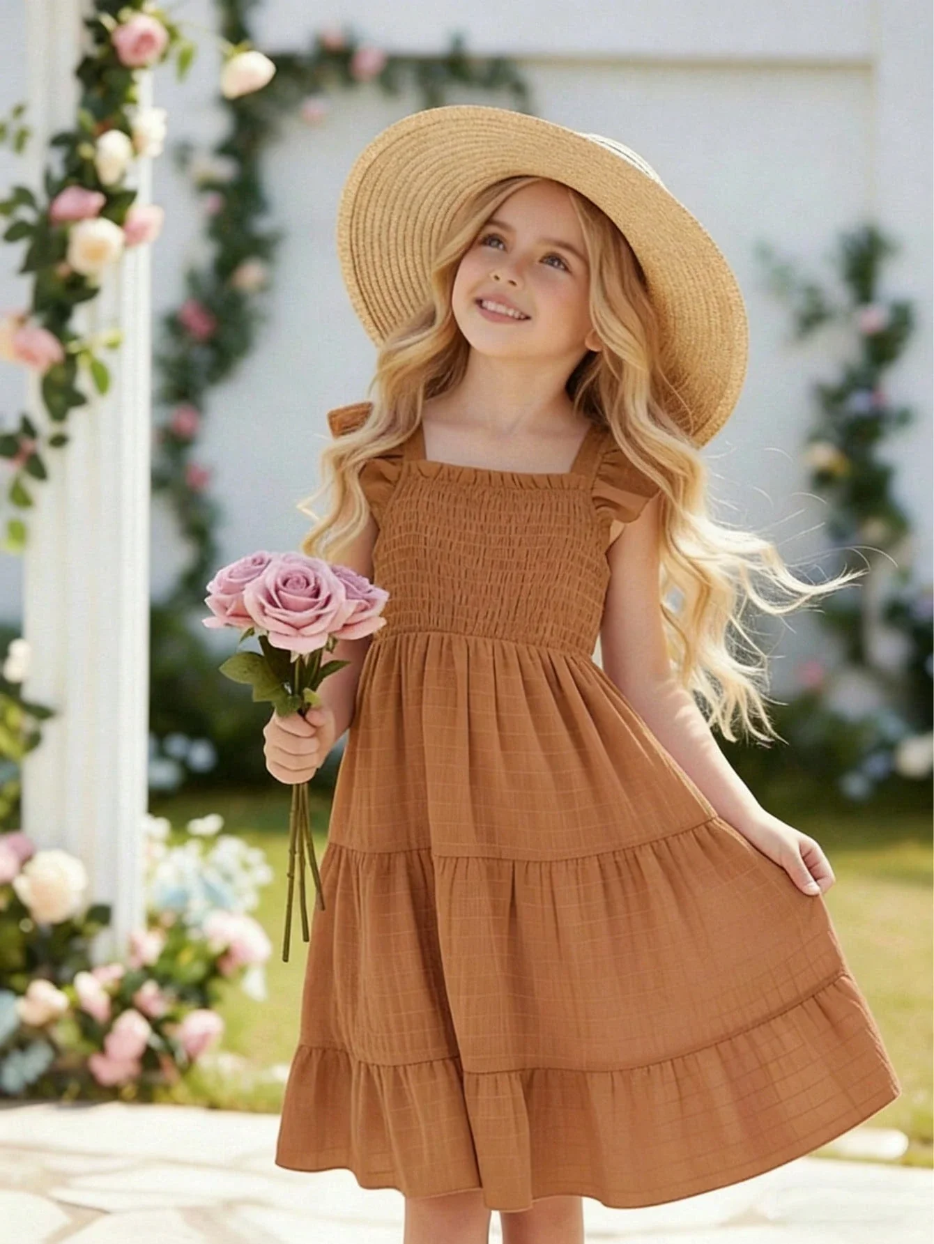 

Женское повседневное платье для отпуска из фактурной ткани с квадратным вырезом, рукавами-крылышками и приталенной талией, весна-лето