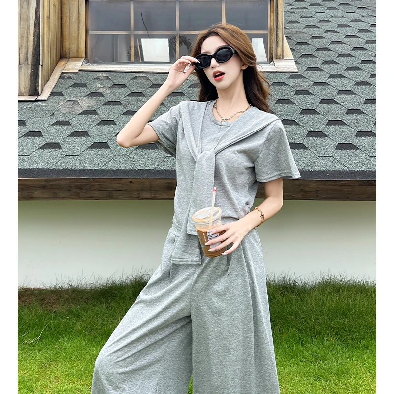 

2025 Korean Fashion Casual Chic Knitted Pants Set Women's Summer New Shawl T-shirt High-waist Wide-leg Pants 3 Piece Set