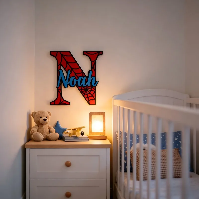 Personalized Spider‑Web Name Hanging Sign, Custom Wooden Plaque With Wooden Letters, Superhero Nursery Hanging Plaque, Wall Deco