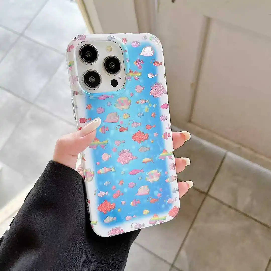 

Korean Summer Ocean Fish Aquaria Animals Case For iPhone 16 15 14 13 12 Pro Max 15 Plus Lovely Anti-Lost Cover