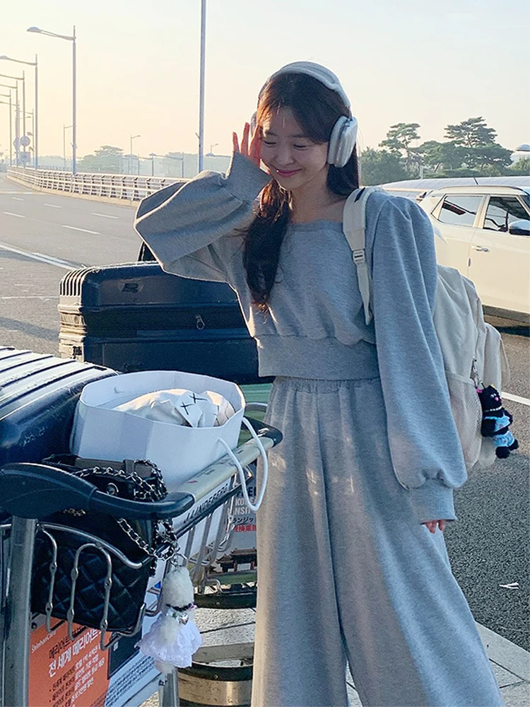 

Chic Autumn Spor Loose Long Sve Hoodie High Waist Wide Leg Pants Set Women's Casual Comfortable Two-Piece Ensemble