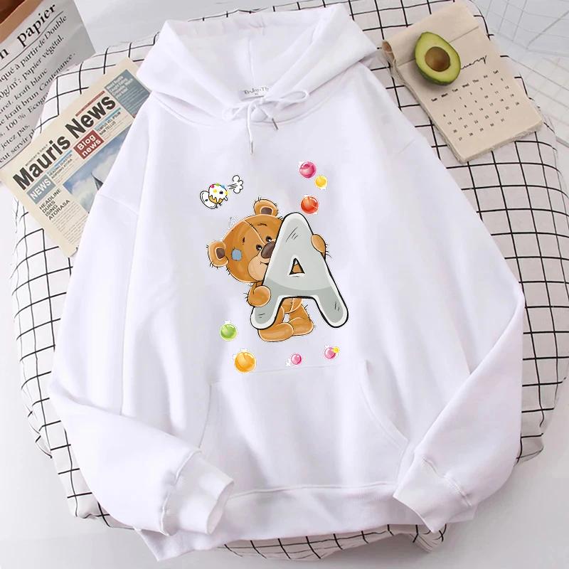 

26 Alphabet A-Z Bear Print Hoodies Men Women Fashion Sweatshirt Hoodie Shirts White Essential Outerwear Women's Sweat-shirts