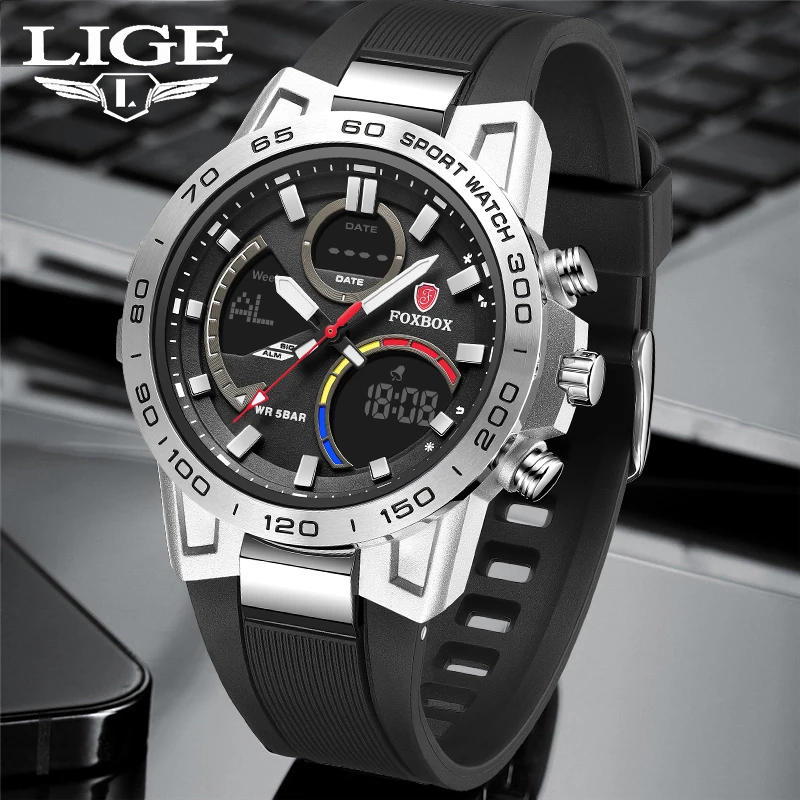 

LIGE New 2024 Quartz Watch For Men Silicone Bracelet Sport Wristwatch Waterproof Alarm Clock Analog Digitals Clock Reloj Hombre