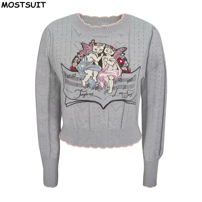 

Grey Cartoon Embroidery Sweater For Women Stylish Fashion Chic Ladies Knitwear Tops 2024 Autumn Long Sleeve O-neck Jumpers Femme