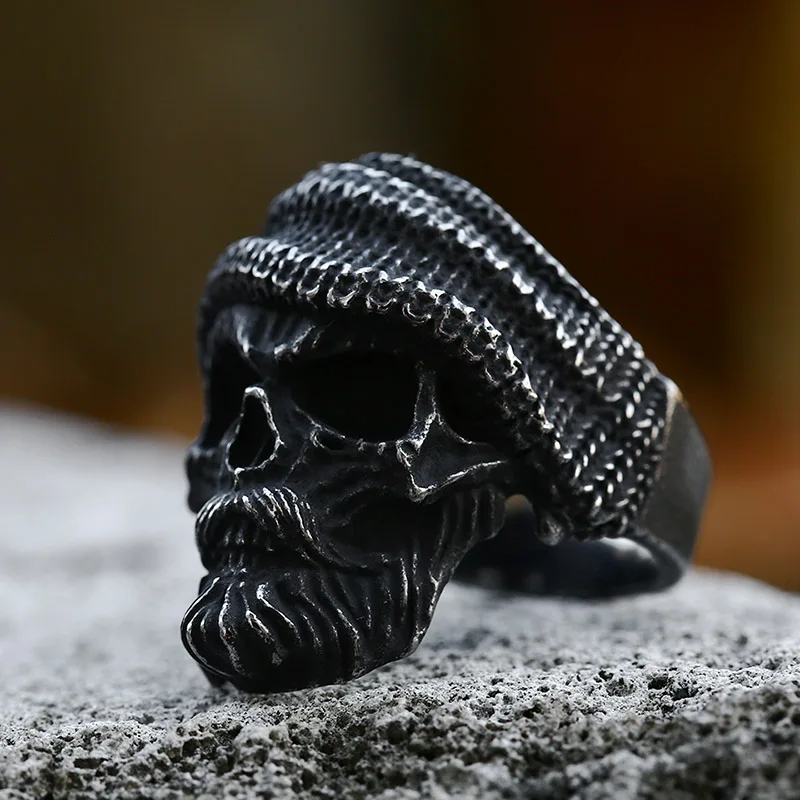 BEIER 2022 New Arrival Vintage Stainless Steel Beard Wearing Hat Skull Ring Old Man Biker Hip Hop Jewelry For Men