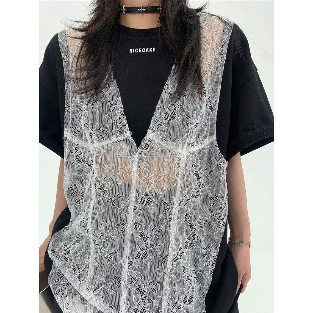 

Hit Color Loose Spliced Lace T Shirts for Women O Neck Short Sleeve Designer Elegant T Shirt Female Sexy Young Women Streetwear