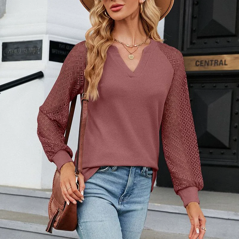 Jesień Retro elegancki modny Top fantazyjna łąka minimalistyczny dekolt w szpic długi rękaw wydrążony jednolity kolor luźne pulowery w stylu Casual kobiet