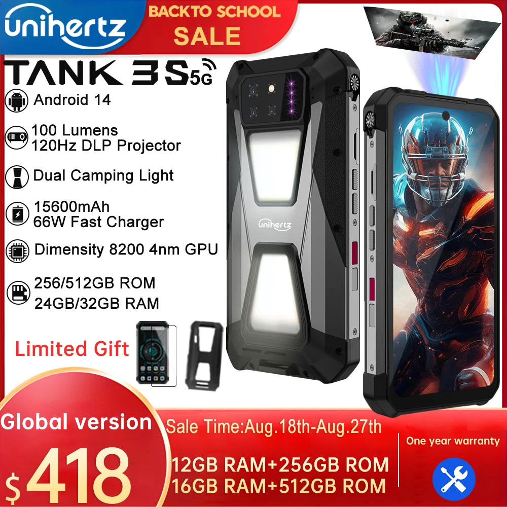 Unihertz tank 3s 8849 powered smartphone with projector 24GB 256GB Dimension 8200 cellphone 15600mAh 66W charger 64MP 5G phone