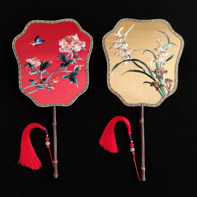 Suzhou Embroidery Double-sided Heterochromatic Decoration Round Fan Palace Fan Long Handle Chinese Style Stage Dance Fans ZB46