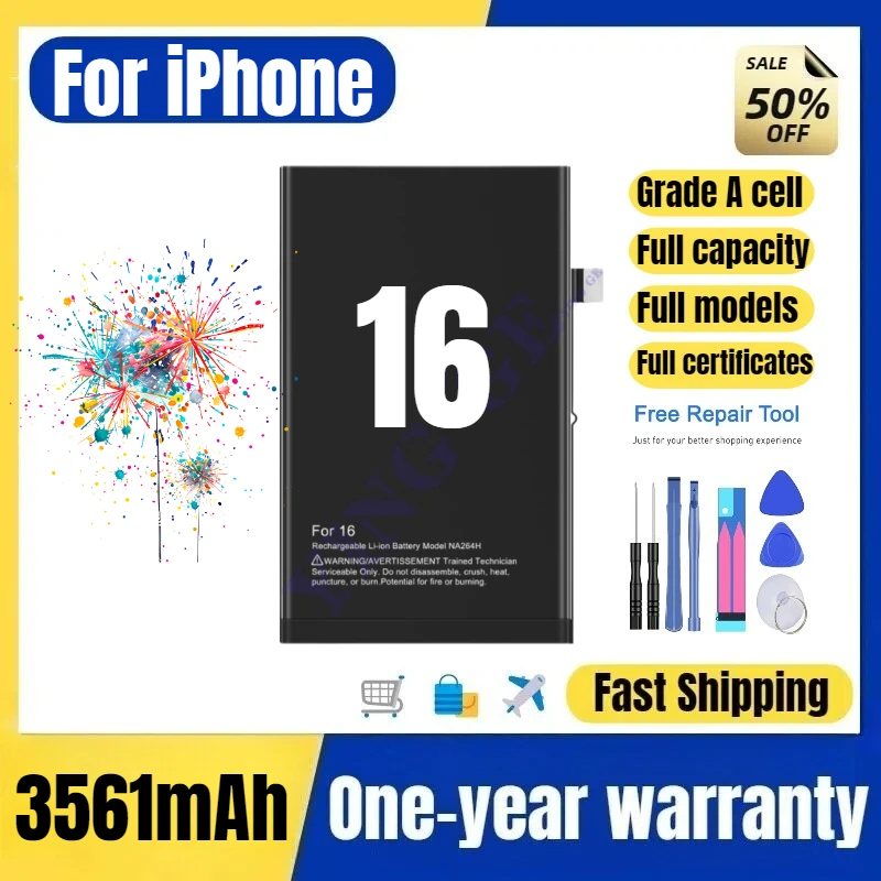

Аккумулятор для iPhone 16 (NA264/PSJQ1/A3287/3081/3286), высококачественная замена, класс А, с инструментами