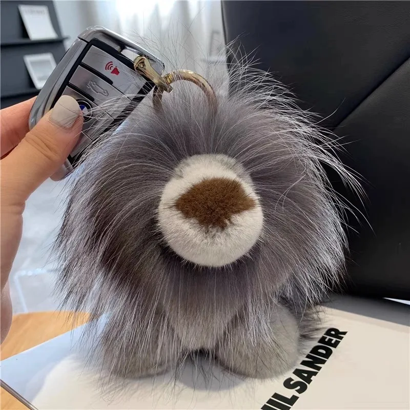 Luxury Real Mink Fur Lion Pendant Keychain Cute Plush Bag Car Keyrings Women Ornaments Rearview Mirror Hanging Gifts Girls Kids