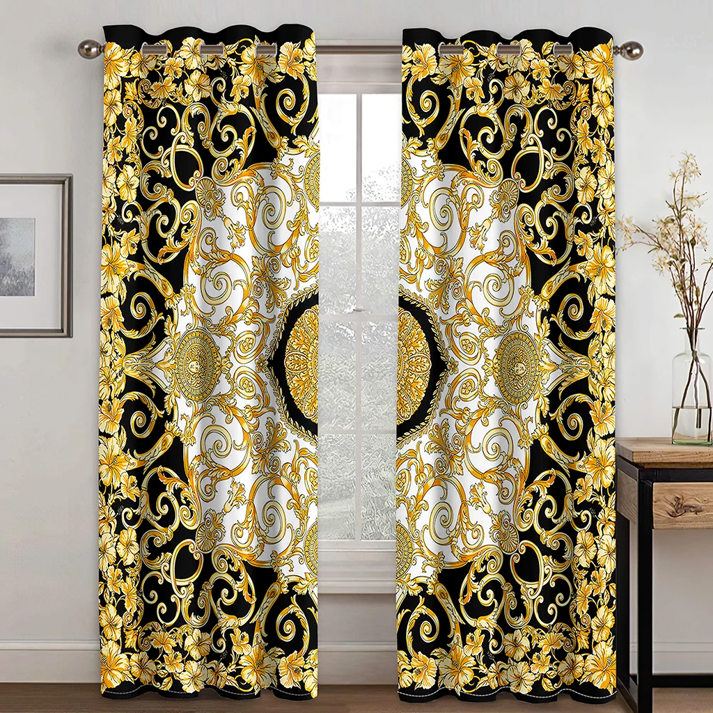 2023 Fashion Luxury Goods Brand Black Gold Texture Sunshade Curtains 2 Panel 3D Modern Home Decor Living Room Bedroom Curtains