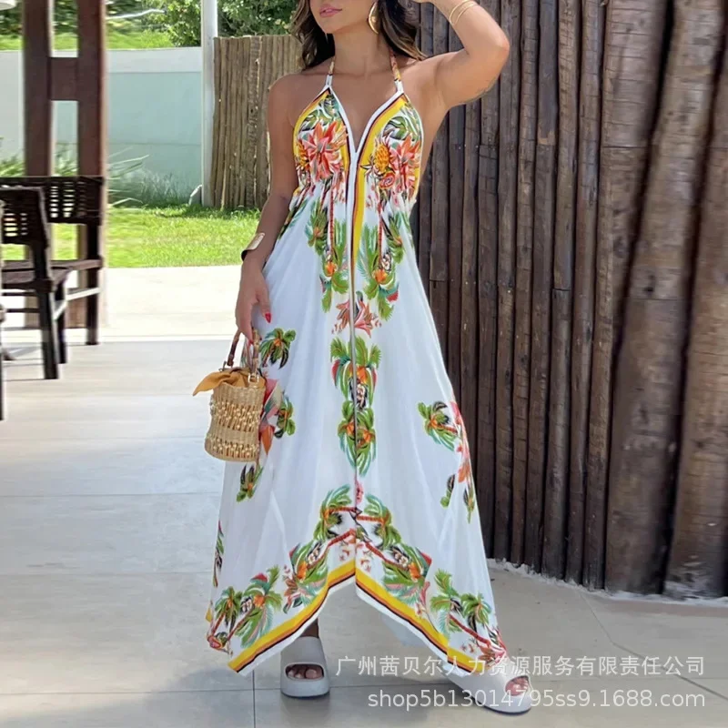 Vestido asimétrico con espalda descubierta y estampado de cocotero Tropical para mujer, vestido de moda de cintura alta sin mangas con cuello en V, Floral