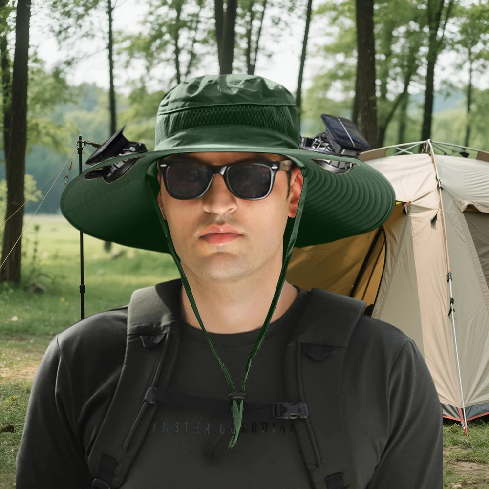Solar Fan Hat Breathable Outdoor Wide Brim Sun Hat Waterproof Outdoor Drawstring Fishing Hat for Outdoor Riding Hiking Fishing