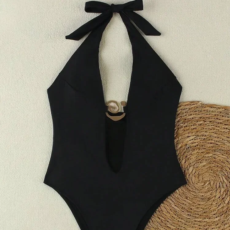 Costume da bagno bikini sexy a V profondo da donna in puro colore intero con cinturino al collo appeso Nuovo costume da bagno elegante 2025 dalla Cina continentale