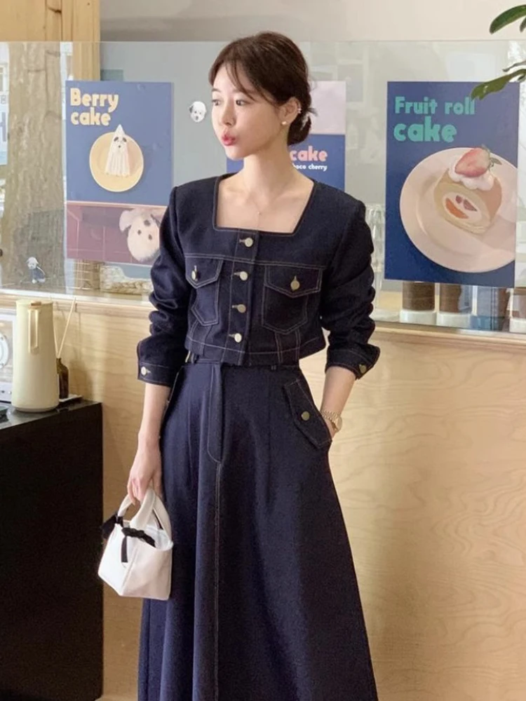 

Ele Spring Vintage Square Collar ort Top plus High Waist Flared Skirt Two Piece Set Faionable mat Design