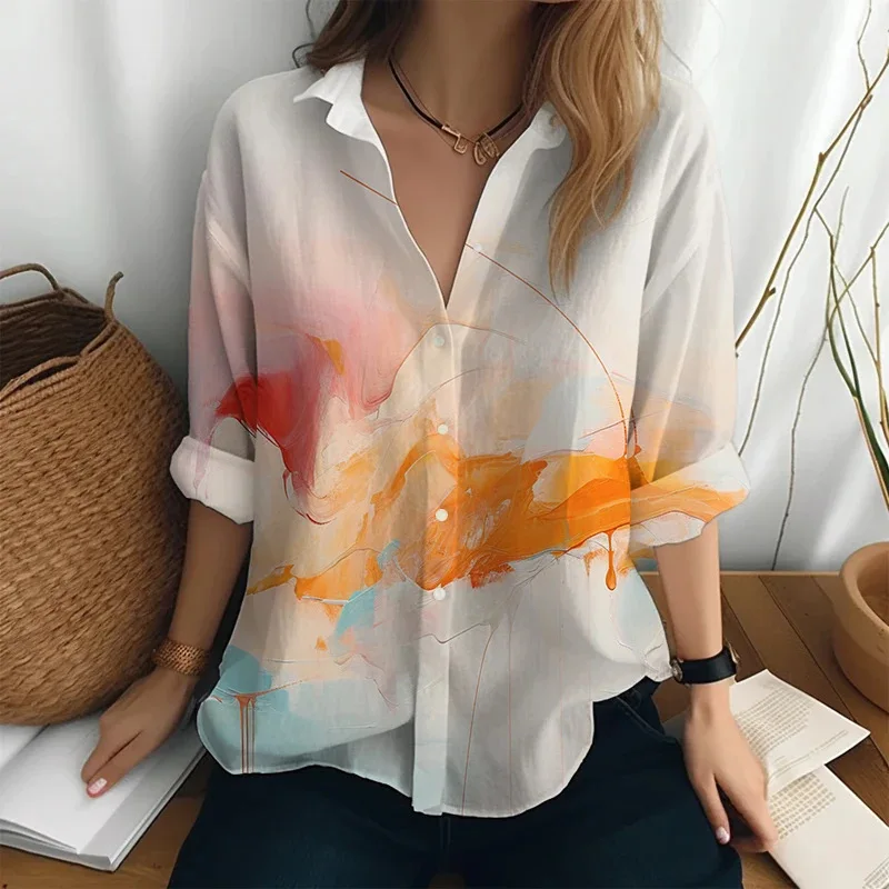 Women Button Casual Lapel Long Sleeved Shirt Creative Painting 3D Digital Printing Top Tie Dye Fashion Autumn 2024 Ladies Blusas