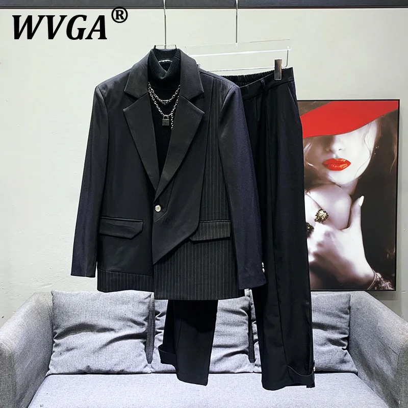 

WVGA Spring Autumn New Man Striped Patchwork Trendy Long Sleeve Blazer Niche Stylish Casual Suit-Coats Two Pieces Set Ins W10338