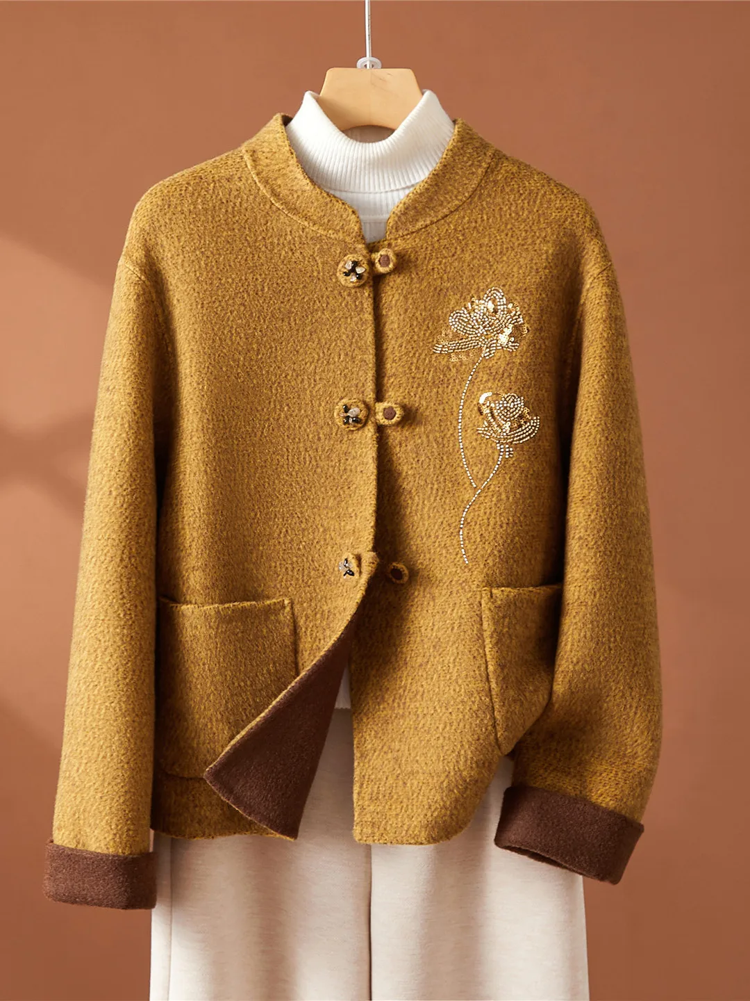 New Chinese Style Woolen Coat Women's Short round Neck Single Button Cashmere Autumn Winter Fashionable Straight Cut Embroidery