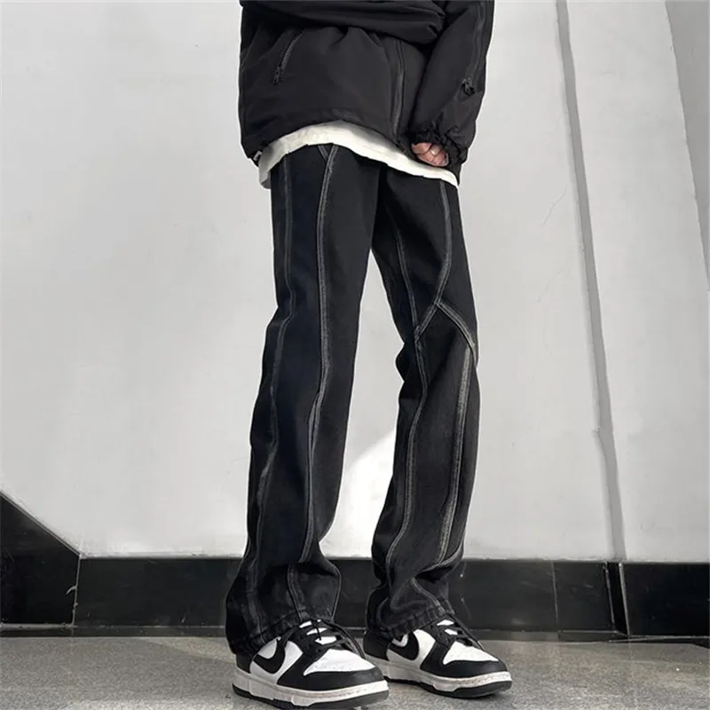 

Jeans Men Y2K Solid Color Patchwork Button Pocket High Street Straight Pants Middle Waist Trousers A173