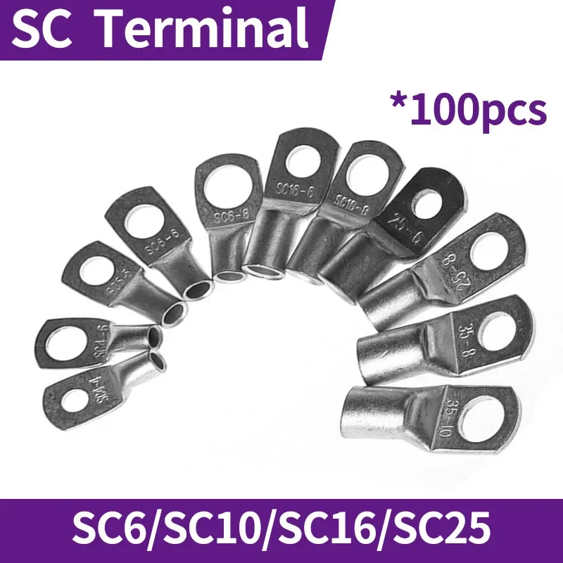 

100pcs SC6-5/6/8 SC10-6/8/10 SC16-6/8/10/12 SC25-6/8/10/12 Copper Lug Ring Wire Connector Bare Cable Electric Crimp Terminal