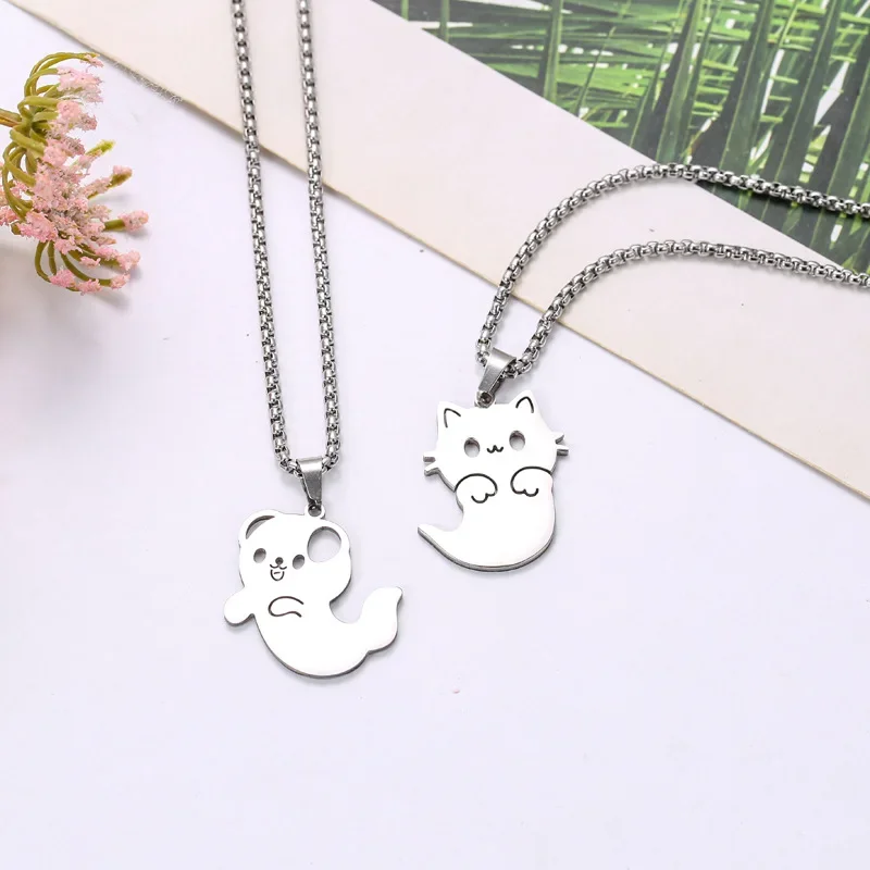 60cm Hot Selling Stainless Steel Adorable Cartoon Cat Dog Ghost Necklace Simplicity Lovely Niche Design Unisex Pendant Jewelry