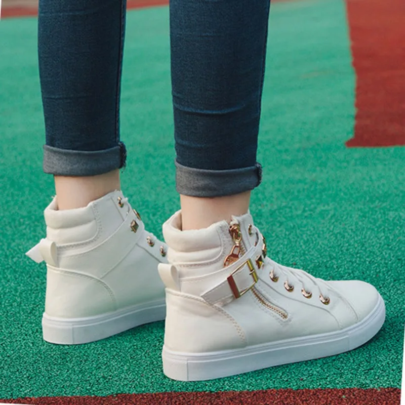 Comemore Women White Sneakers Ladies High Top Sport Shoes Womens Flats Rivet Spring Autumn Casual Lace Up Tennis Vulcanize Shoe