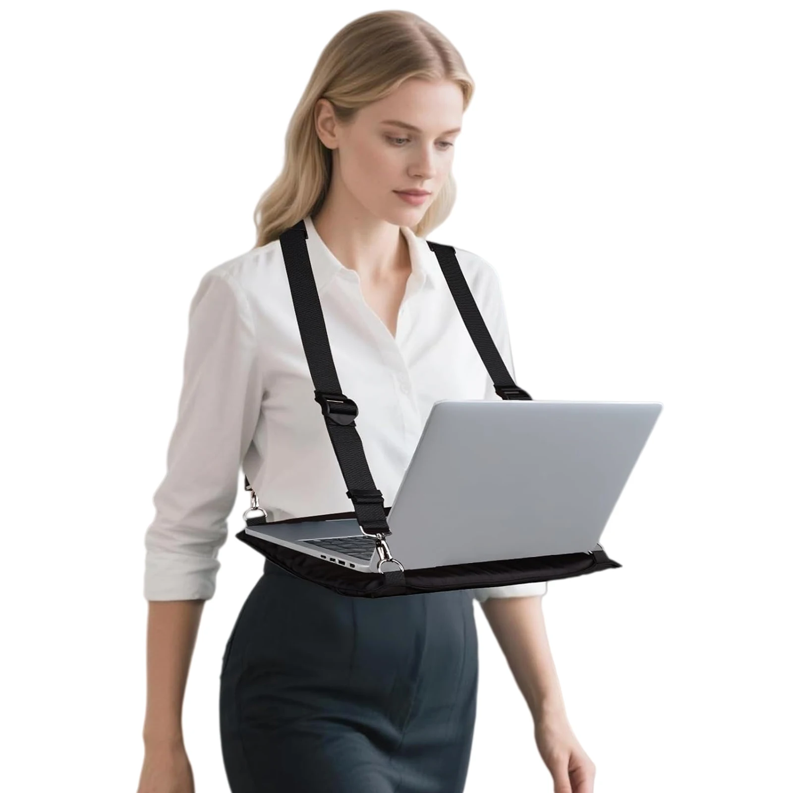 Hands-Free Walking Laptop Stand Ergonomic Cross-Body Harness Adjustable Shoulder Strap Oxford Cloth Tray 16 Inch