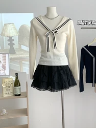 Autumn Women Korean Vintage Preppy Long Sleeve Sailor Collar Knit T-Shirts 2000s Aesthetic Top Kpop Coquette Jumper Knitwears