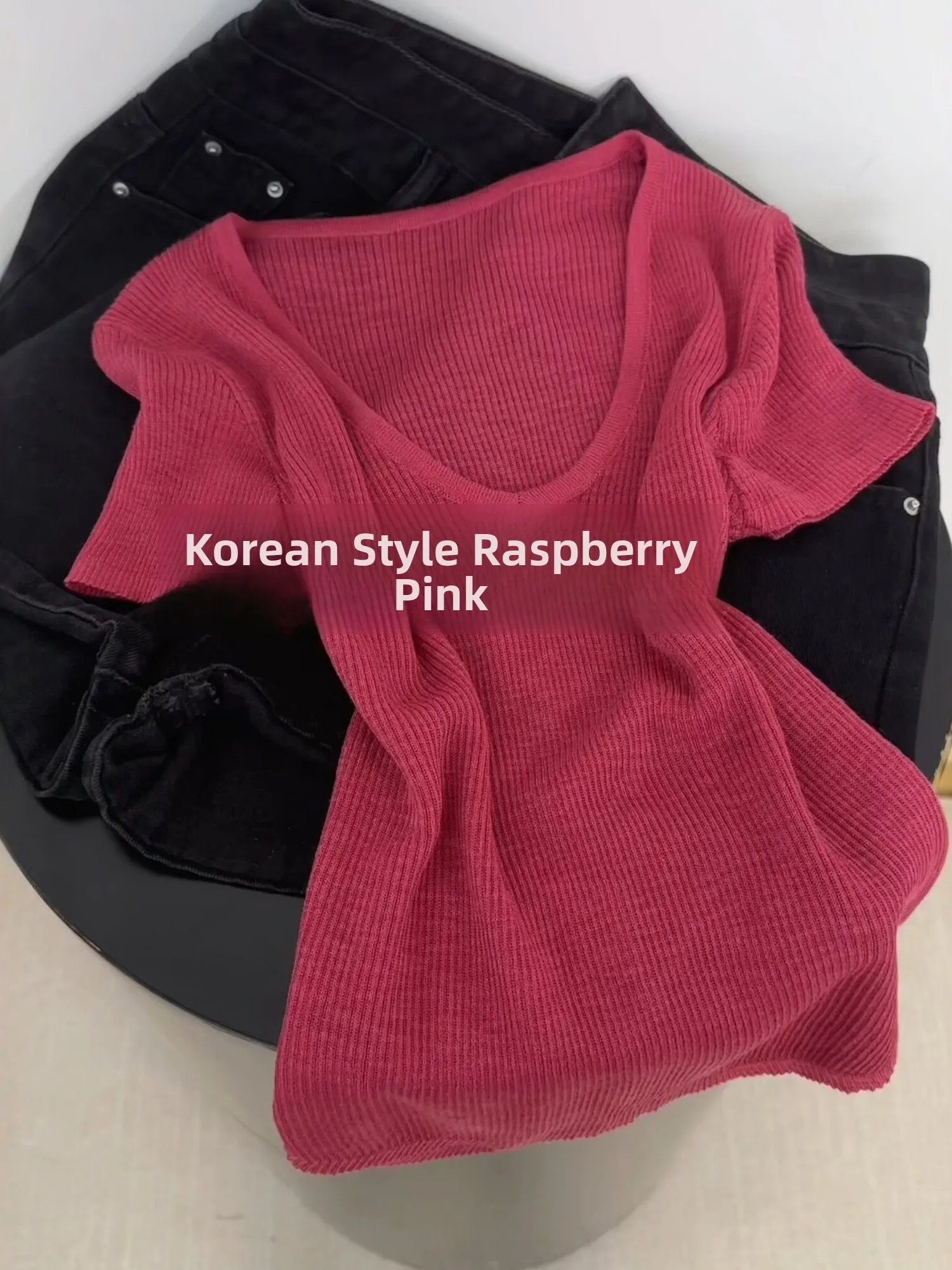 

Korean Style V-Neck Short Sleeve Knitted Top Women's Slim Fit Summer Fashionable Commuting Versatile Overhead Small Shirt