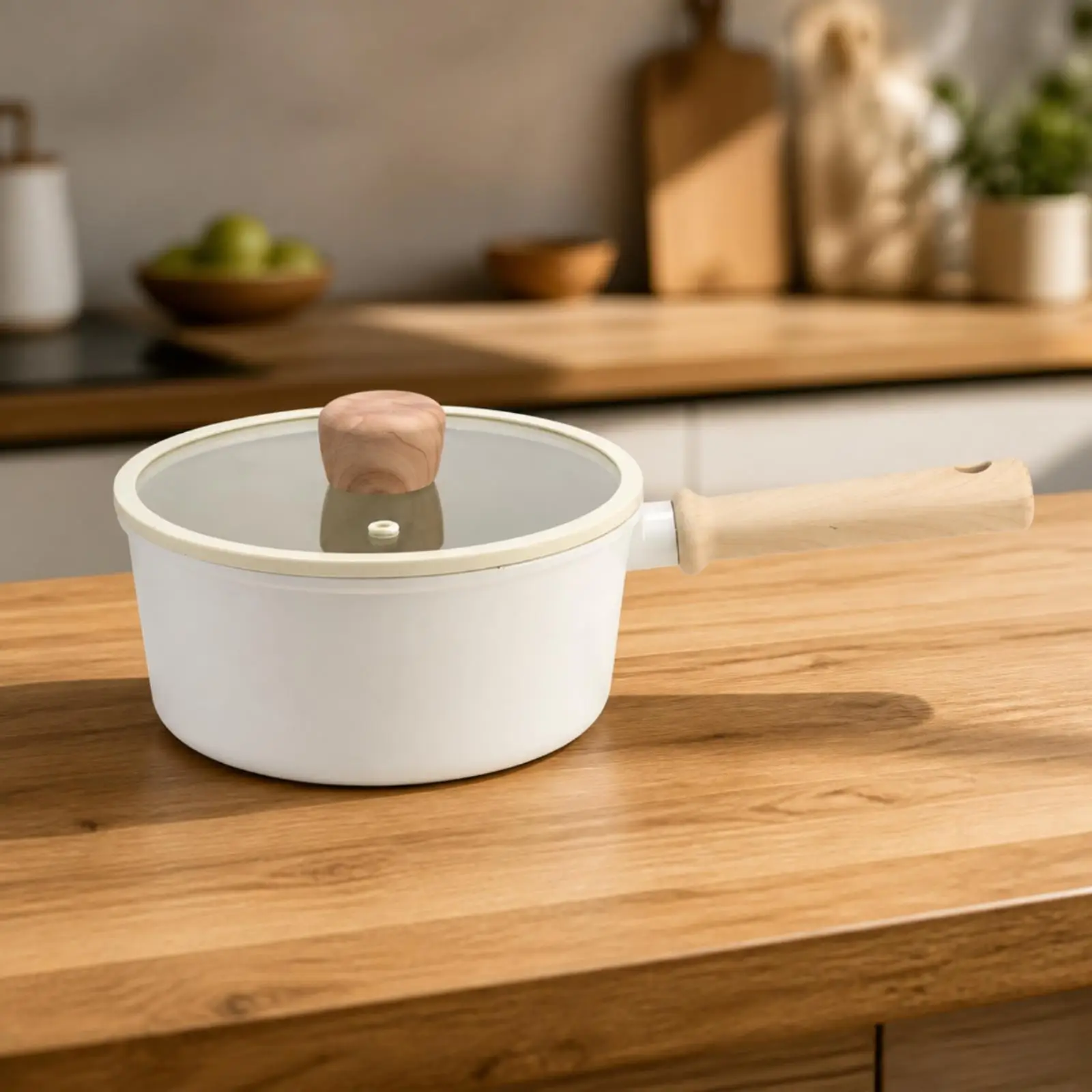 20cm Nonstick Saucepan with Light Wood Grip Aluminum Core Pan for Simmering Sauces and Grains