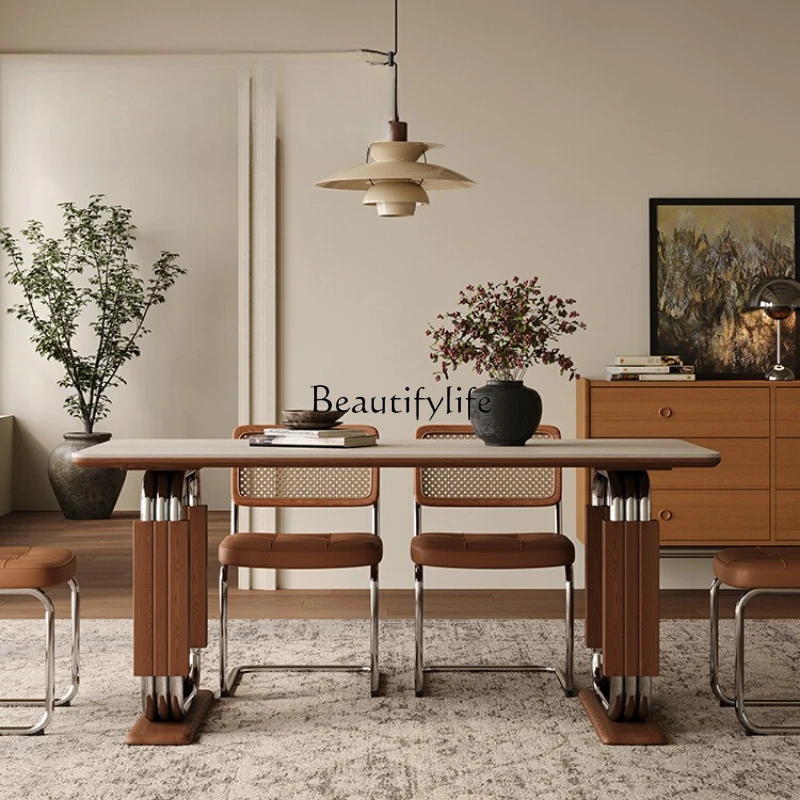 

Travertine Stone Plate Dining Table Rectangular Nordic Medieval Style Home Vintage Solid Wood Dining Table