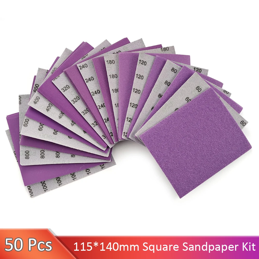 50PCS 115x140 mm Purple Square Sandpaper Set 1/4 Sheet Sandpaper 60-1000 Grit  Wet Dry Sanding Sheets Bundle for Wood Metal Car