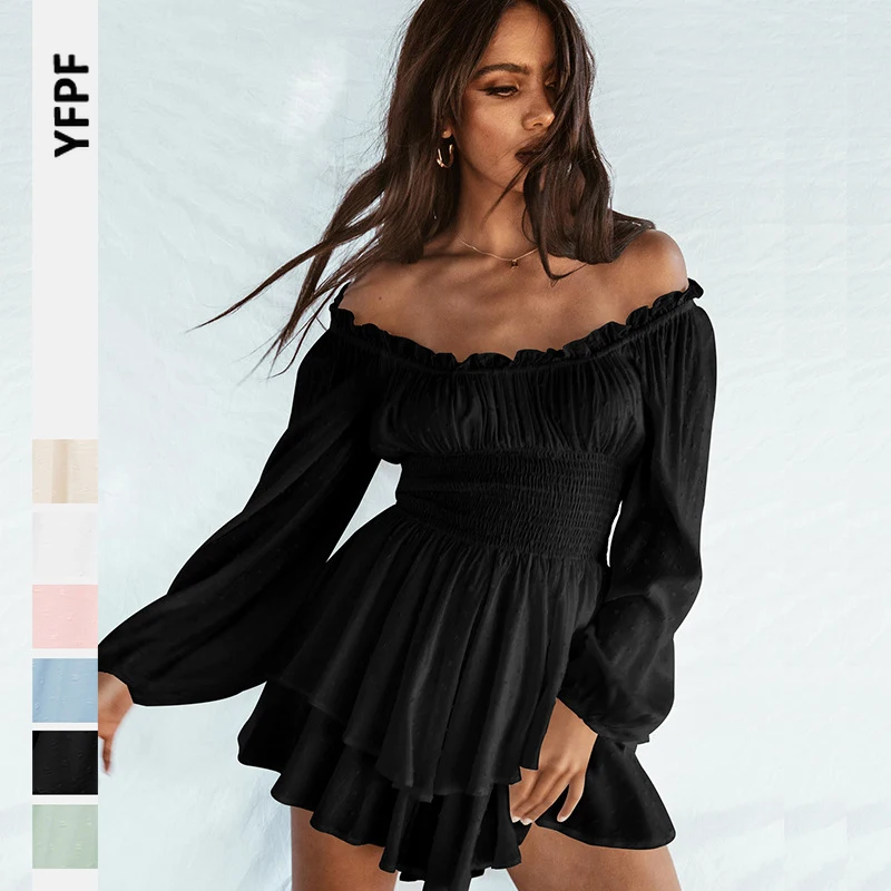 

Women Boho Romper Off Shoulder Ruffle Chiffon Mini Dress Double Layer Ruffle Hem Shorts Sleeve Smocked Shorts Jumpsuit Playsuits