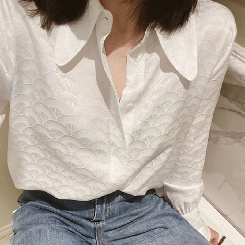 Korean Slim Fit Polo Collar Jacquard Fish Scale Texture Long Sleeve Office Lady Shirt White Slim Soft Satin Women's Blouse 31260