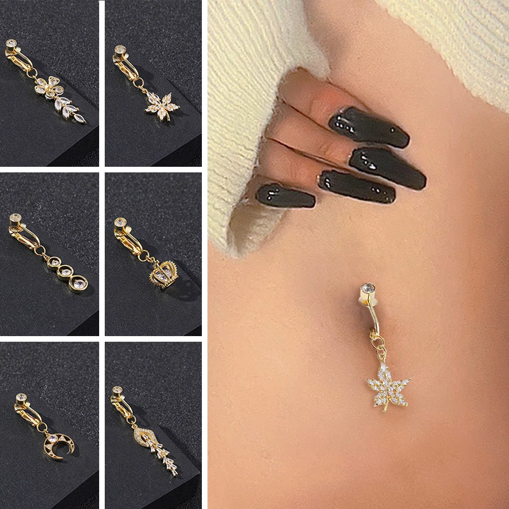 Sexy Faux Fake Belly Crystal Moon Fake Belly Piercing Crown Clip On Umbilical Navel Fake Pircing Leaves Cartilage Earring Clip