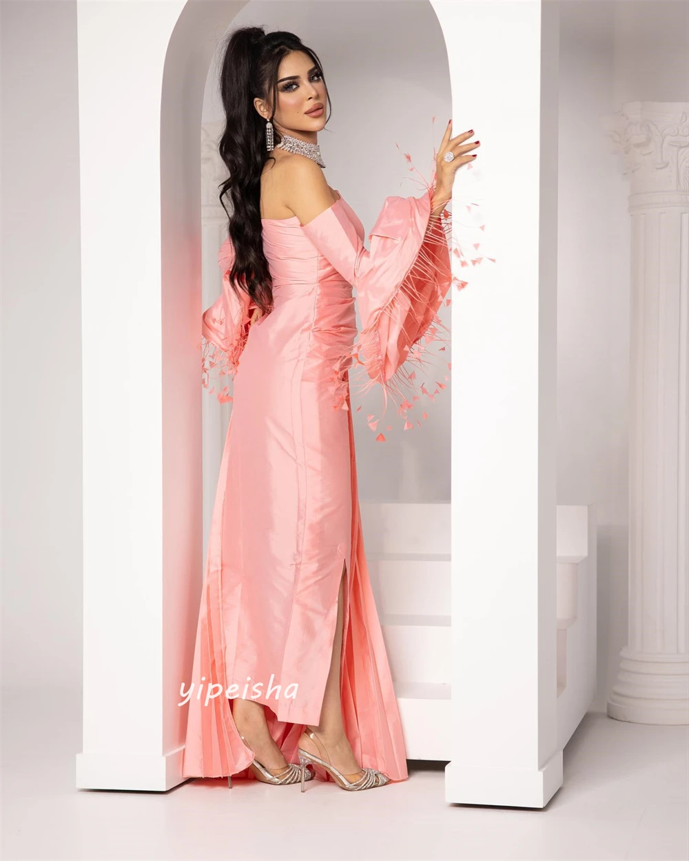 Jiayigong  Satin Draped Tassel Pleat Beach Sheath Strapless Bespoke Occasion Gown Long Sleeve Dresses