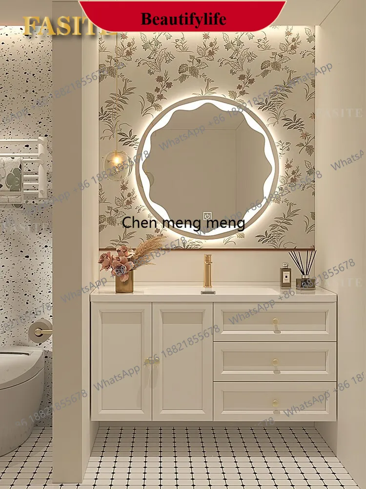 

F185 Французский светлый роскошный шкаф для ванной комнаты Шкаф для ванной комнаты с кремовым ветром Керамический встроенный умывальник Умывальник