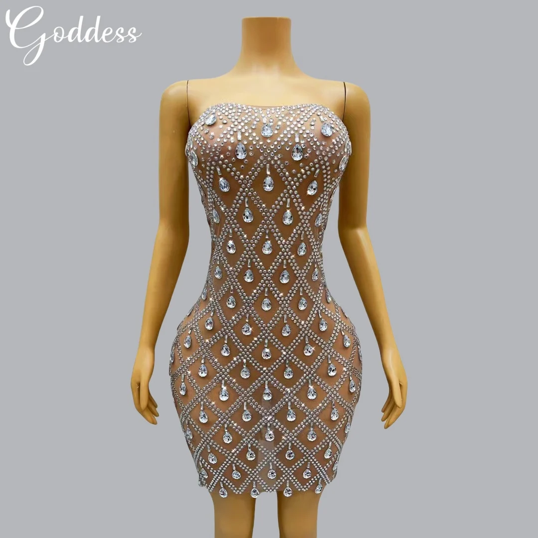 

Sparkling Large Water Droplets Diamonds Luxury Strapless Dress Sexy Curves Wedding Ball celebration Birthday Party Evening Dress