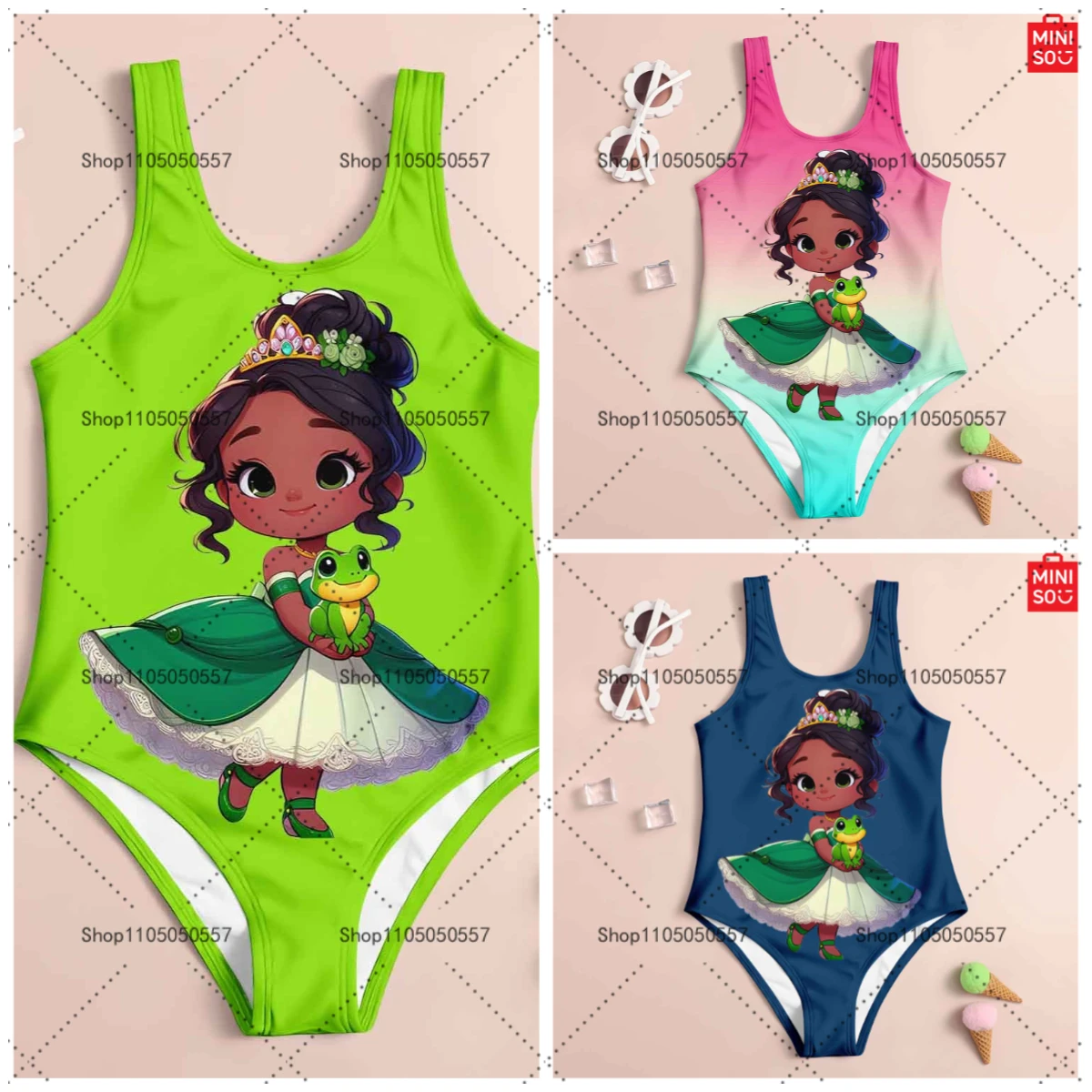 

Children's one-piece swimsuit: cute Princess Tiana pattern, ideal for beach and swimming pool entertainment