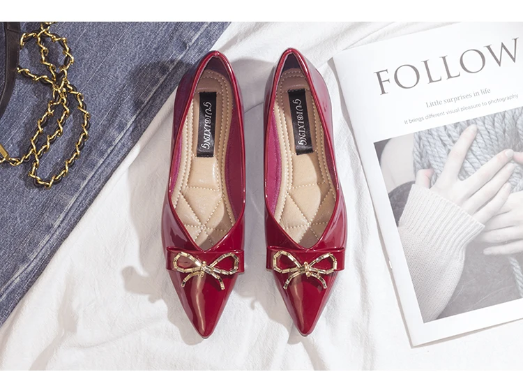 Large Patent Leather Rhinestone Lolita Single Shoe Pointed Soft Sole Shallow Cut Women's Flat Shoes Spring New Bow Ladies Shoes