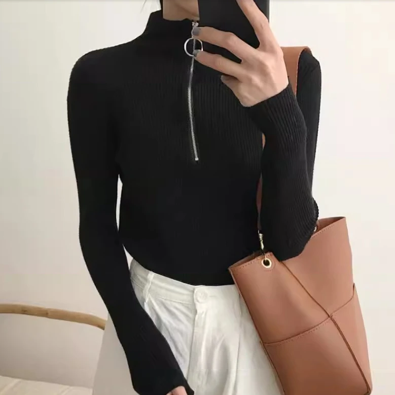 

spring autumn Women Sweater Knitted half Turtleneck Long Sleeve Slim Jumper Tops Pullover solid zipper Ladies Casual Sweaters