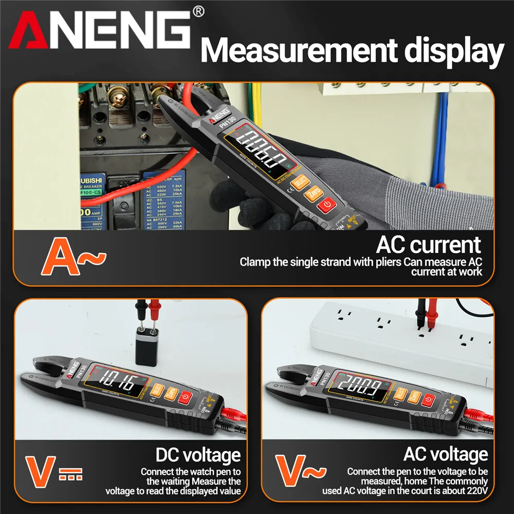 ANENG PN130 meteran jepit Digital cerdas, klem Meter Digital cerdas, 4000 hitungan, arus tegangan AC/DC, Multimeter portabel, penguji ketahanan kapasitas