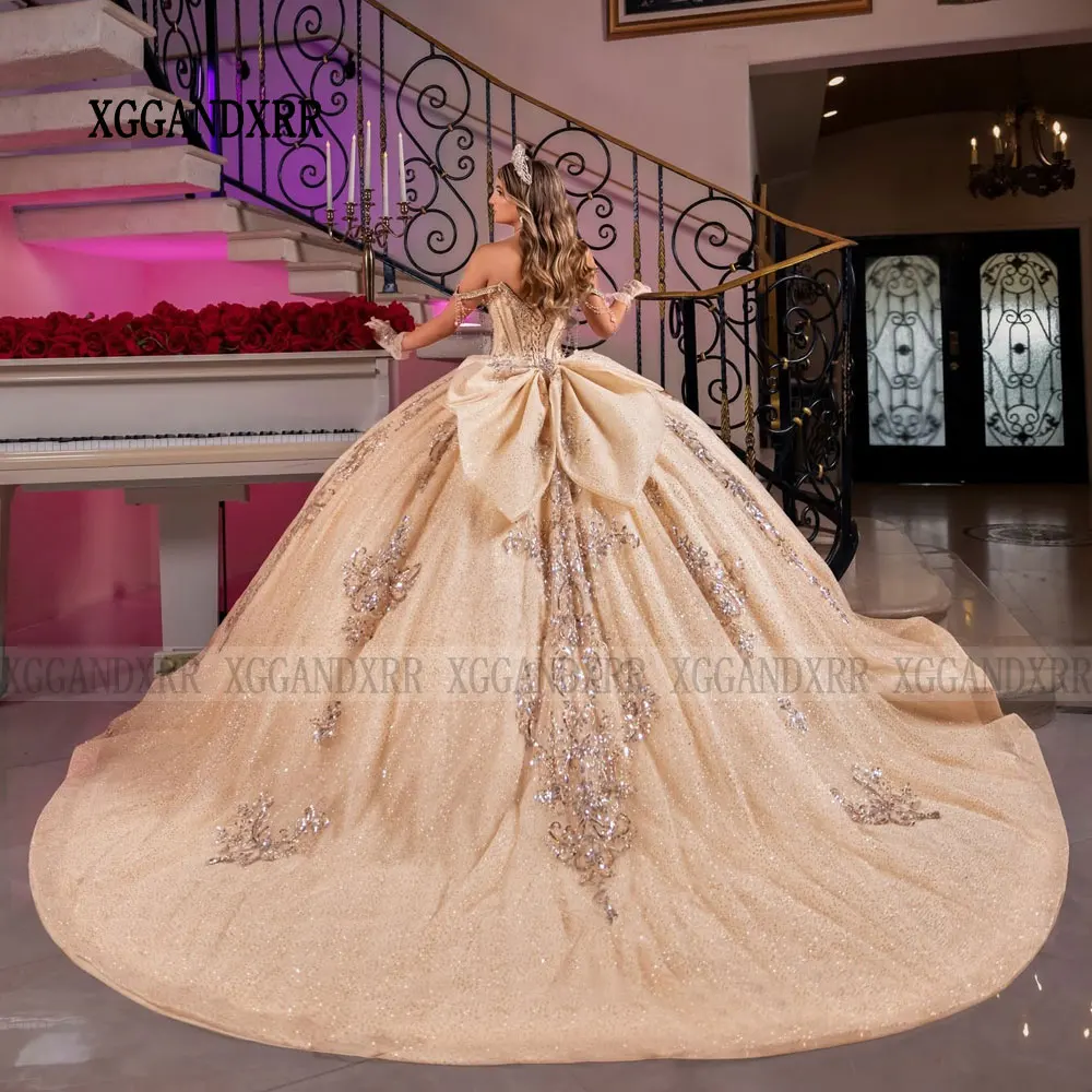 Customized Champagne Quinceanera Dresses 2026 Big Bow Shining Sequin Gold Applique Ball Gown Sweet 16 Vestidos de 15 Quinceañera