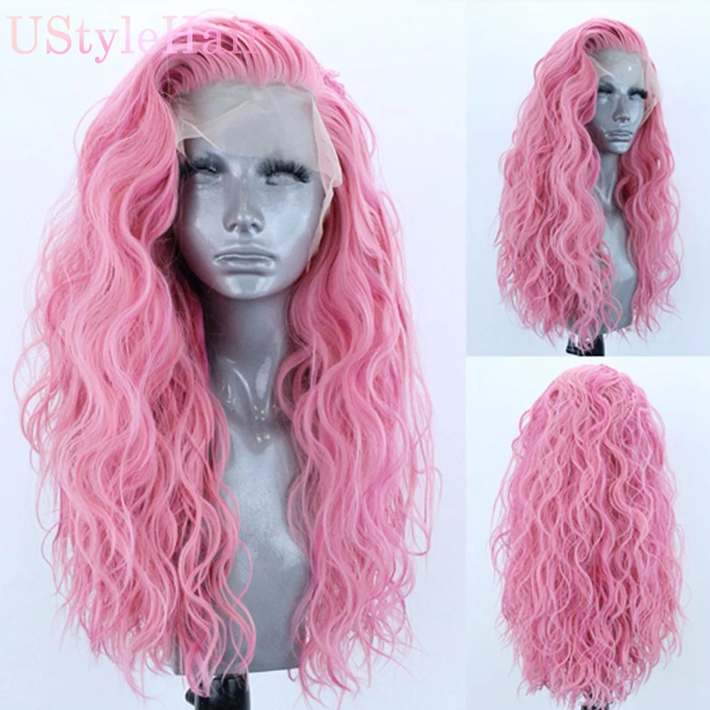 UStyleHair Pink Wig Long Loose Curly Wigs for Women Synthetic Lace Front Wig Natural Hairline Daily Use Cosplay Pink Lace Wig