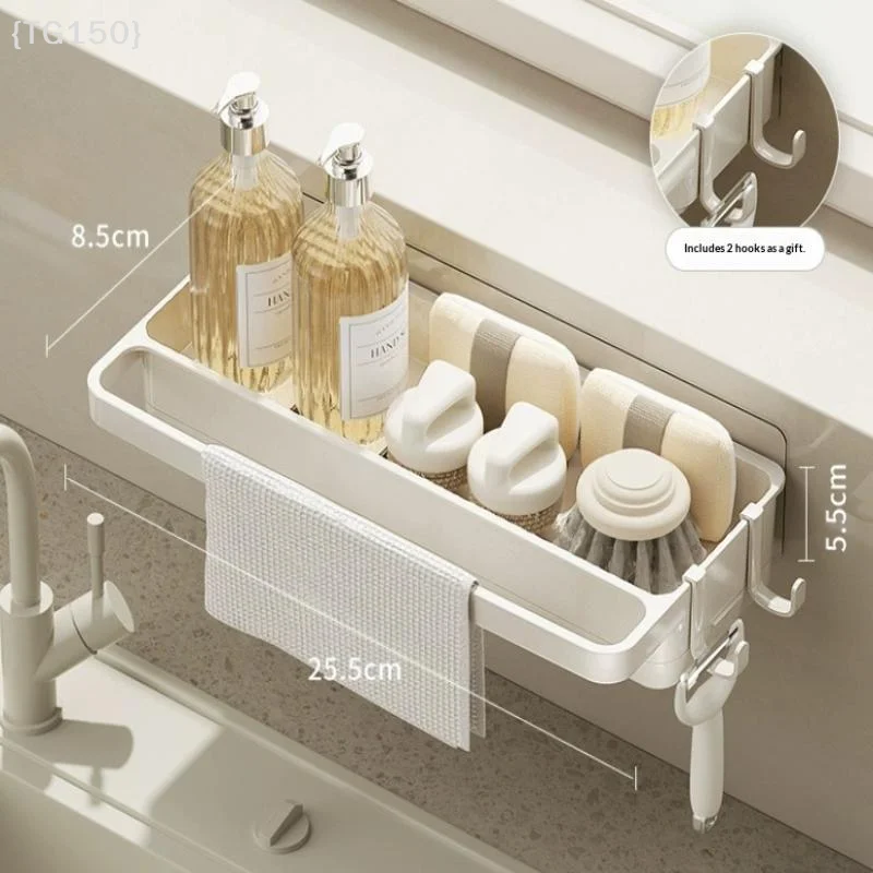 【TG150】〔T〕Dishwashing Utensil Rack With Hanging Hooks Kitchen Storage Shelf With Ventilated Water Catch Tray Moisture-Proof【WT】