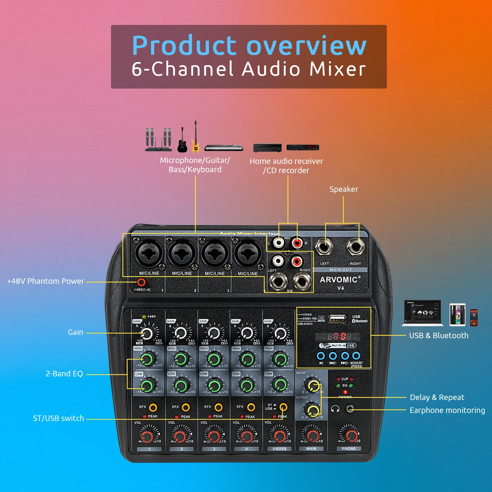 6 Channel Audio Mixer (V4) with USB & Bluetooth Function, Delay & Effect, 2-Band EQ, Ideal for Home Recording and Karaoke