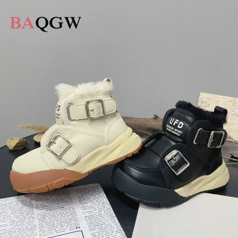 Designer Winter New Thick Sole Boy Girls Casual Boots Warm Furry Cotton Patchwork Shoes for Children Simple Solid Snow Boots